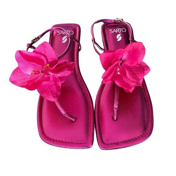 Franco Sarto NWOB Capri-Flore Pink Metallic Flower Thong Sandals size 8 - Picture 2 of 13